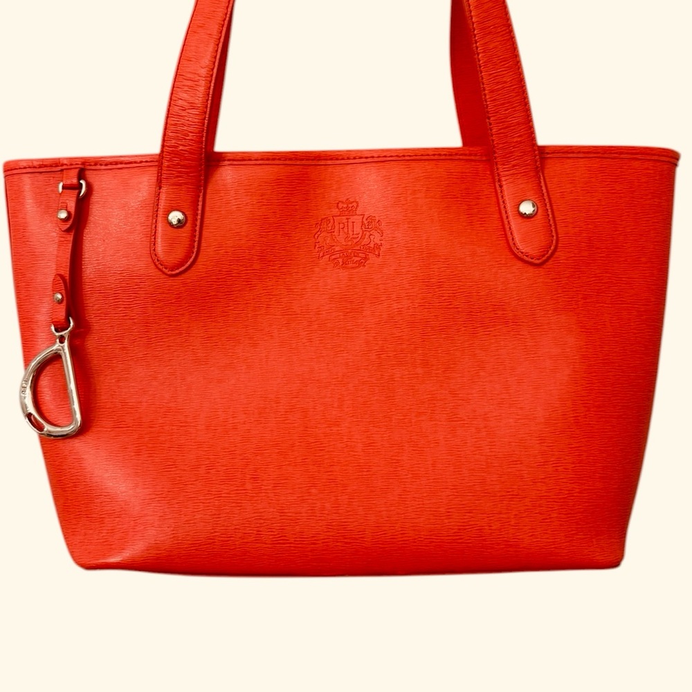 Lauren Ralph Lauren Orange Leather Tote Bag Large Structured Shopper